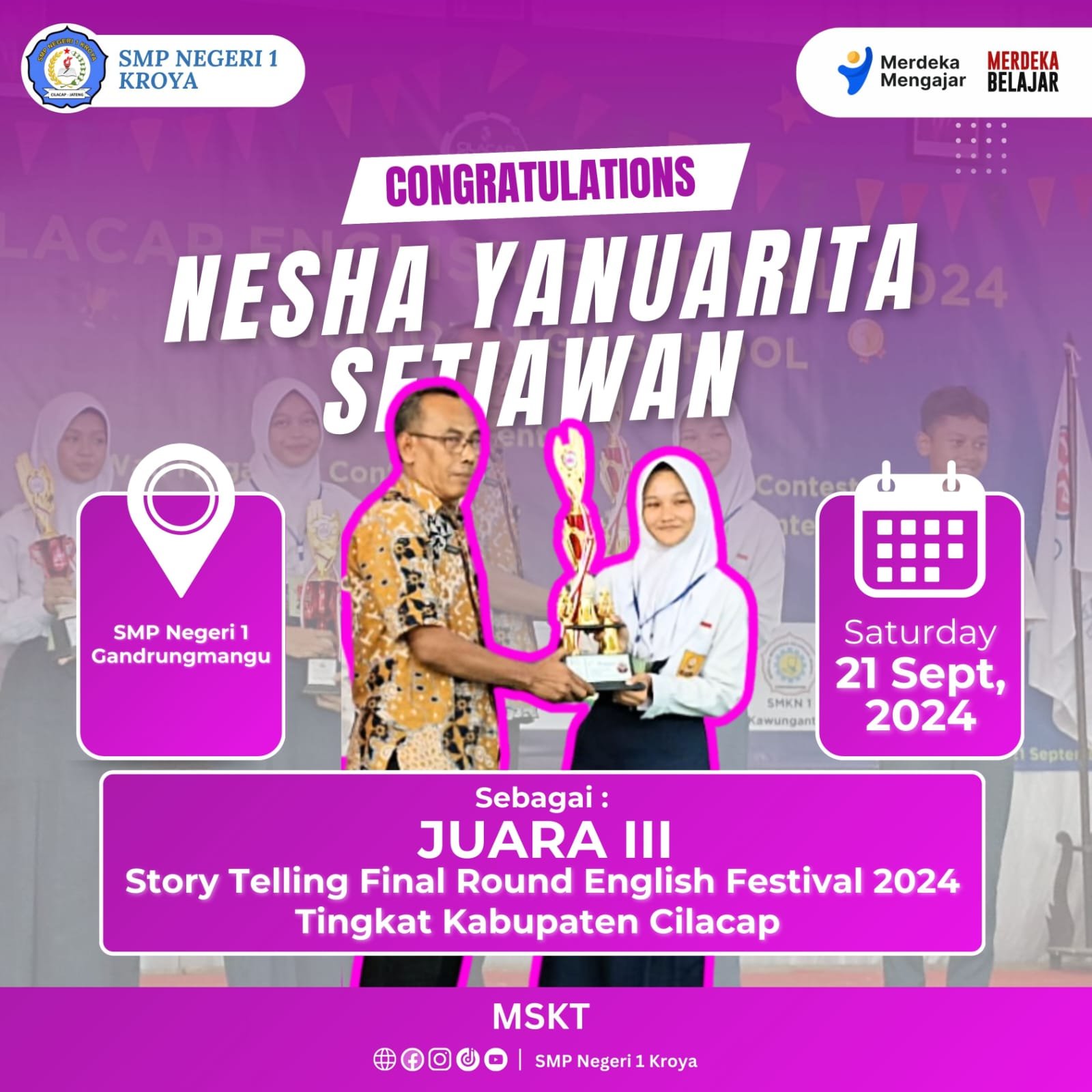 CONGRATULATIONS KEPADA SISWI SMP NEGERI 1 KROYA SEBAGAI JUARA 3 DALAM FINAL ROUND ENGLISH FESTIVAL 2024 TINGKAT KABUPATEN CILACAP